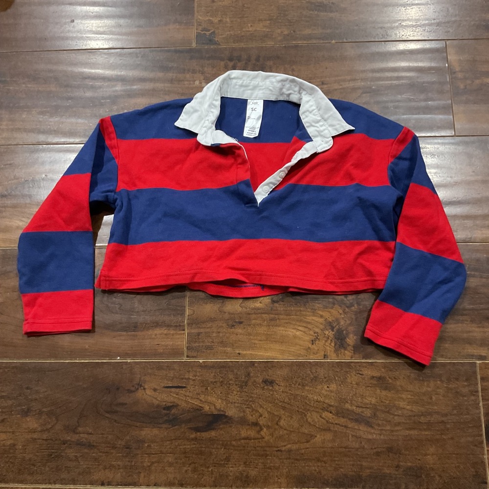 Balera Cropped Rugby Shirt Red Blue Striped Long Sleeve Cotton Top SC